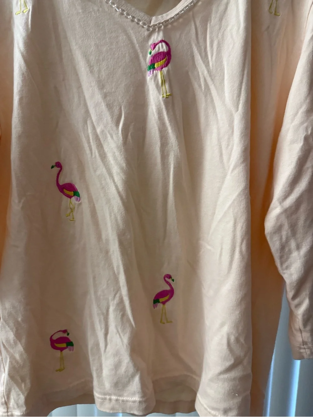 VTG Bleu Bayou Flamingo Embroidered Matching Set  Size XL V Neck Shirt Capris - Picture 3 of 8